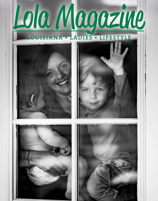 Coming Together for the 318 Lola Magazine May 2020 Issue a mother and two children wave from inside their homes, a snapshot of life inside a corona virus pandemic quarantine in north Louisiana.