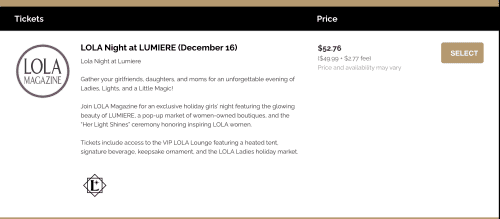 Screenshot of the ticket option to select for joining LOLA at LUMIERE on December 16